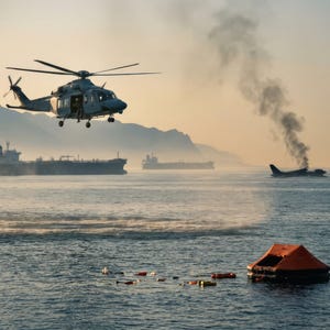Könnte beinhalten: Ein Militärhubschrauber fliegt über dem Meer in der Nähe von Frachtschiffen und einem brennenden Schiff. Ein orangefarbenes Rettungsfloß schwimmt im Wasser, mit Schwimmwesten in der Nähe. Rauch steigt von dem beschädigten Schiff auf.