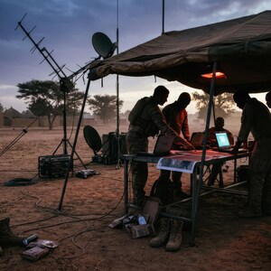 May include: A group of people in military uniforms are gathered under a tent, working on laptops and examining maps. The scene is set in a desert environment, with antennas and satellite dishes visible. Boots and equipment are on the ground.