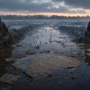 May include: A somber, wide shot of a marshy landscape under a cloudy sky. Two figures in dark clothing sit facing away from the camera, on opposite sides of a water-filled channel. The ground is muddy, with patches of ice and scattered debris.
