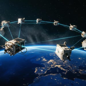 May include: A digital illustration of a network of satellites orbiting Earth. The satellites are connected by blue beams of light, with the Earth visible below, showcasing city lights and a blue atmosphere. The image is set against a dark, starry background.