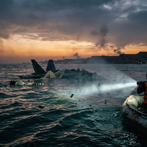 Könnte beinhalten: Dramatische Szene eines teilweise untergetauchten Flugzeugs im Meer unter einem bewölkten Himmel bei Sonnenuntergang. Zwei Personen in einem Schlauchboot leuchten mit einer Taschenlampe auf das Wrack. Das Wasser ist bewegt.