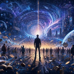 May include: A digital illustration depicting a central figure standing before a vast, swirling cosmic vortex filled with floating books, clocks, and mechanical tools. The scene features a crowd of silhouettes beneath a glowing, futuristic cityscape.
