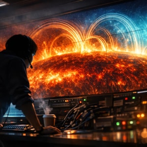 Puede incluir: Una persona en una sala de control observa una gran pantalla que muestra una llamarada solar ardiente. La sala contiene equipos electrónicos, cables y una taza de café. La pantalla muestra energía vibrante naranja y azul.