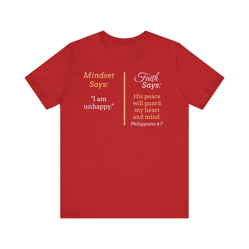 The image is a red t-shirt with text and a Bible verse from Philippians 4:7 printed on it.