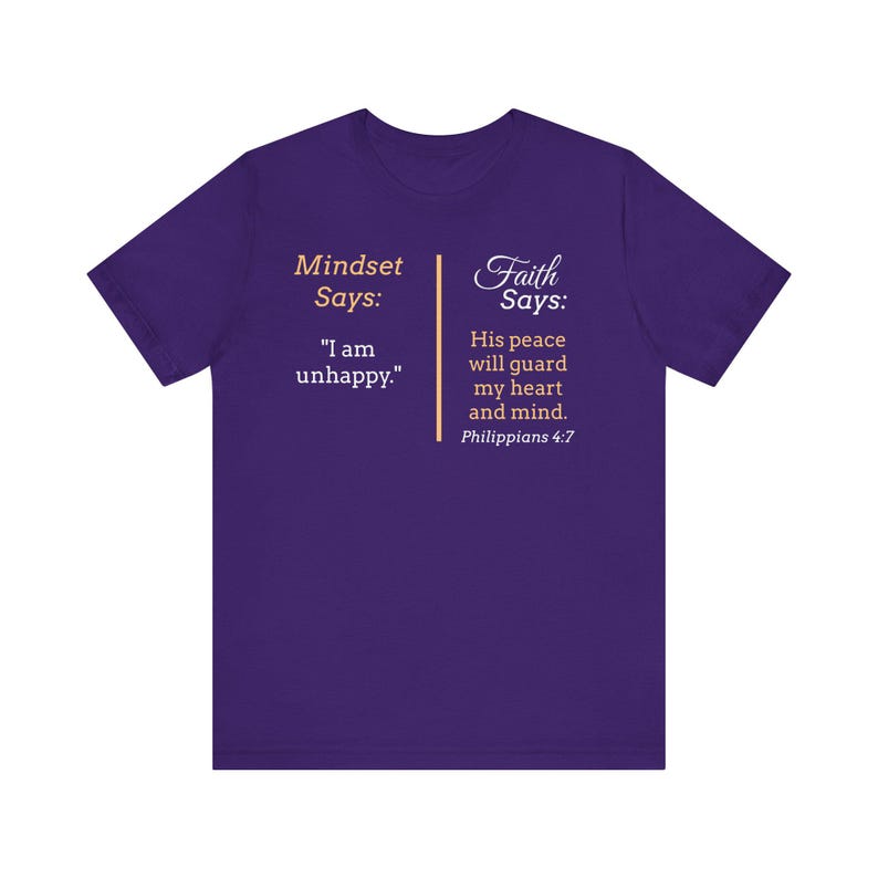 The image is a purple t-shirt with text and a Bible verse from Philippians 4:7 printed on it.