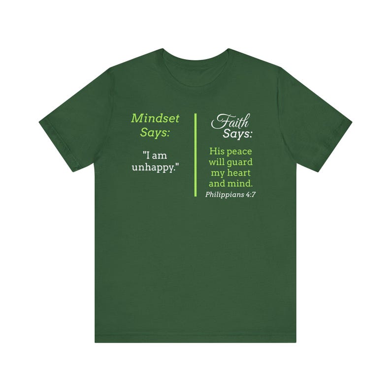 The image is a green t-shirt with text and a Bible verse from Philippians 4:7 printed on it.