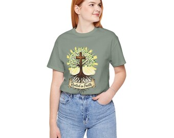Rooted In Faith, Christian Tee, Colossians 2:7 Scripture Tree Design | Cotton Blend | Unisex S-3XL