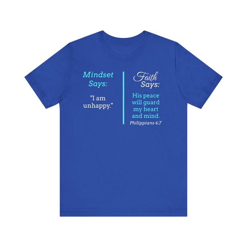 The image is a blue t-shirt with text and a Bible verse from Philippians 4:7.