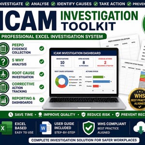 Puede incluir: El kit de investigación ICAM es un sistema profesional basado en Excel que incluye un panel con gráficos, formularios de recolección de evidencia, análisis de los 5 porqués, investigación de causas raíz y seguimiento de acciones correctivas.