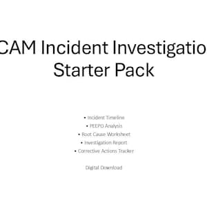 Op de afbeelding: Witte afbeelding met de tekst "ICAM Incident Investigation Starter Pack". Bevat opsommingstekens voor Incident Timeline, PEEPO Analysis, Root Cause Worksheet, Investigation Report en Corrective Actions Tracker. De woorden "Digital Download" staan onderaan.