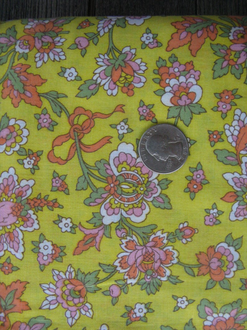 vintage cotton floral print fabric 3 yards yellow and pink country prairie rustic primitive