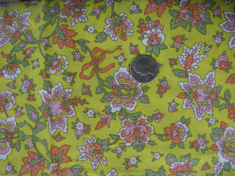 vintage cotton floral print fabric 3 yards yellow and pink country prairie rustic primitive