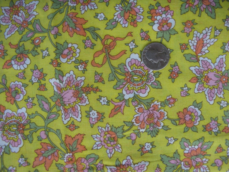 vintage cotton floral print fabric 3 yards yellow and pink country prairie rustic primitive