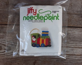 vintage Sunset Jiffy Needlepoint Santa Choo Choo ornament kit 1980 new old stock