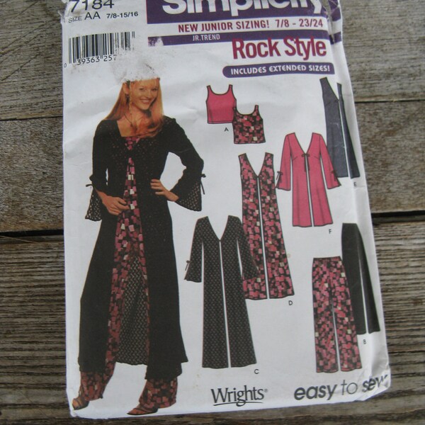 Simplicity 7184 Rock Style junior pattern size 7/8- 23/24 uncut factory folded