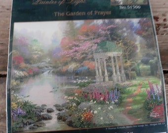 Vintage The Garden of Prayer embellished stamped cross stitch kit Thomas Kinkade Cadamar Designs 16 inch by 12 inch 2002 new old stock