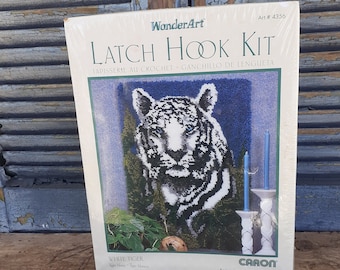 Vintage WonderArt White Tiger Latch Hook Kit New Old Stock 24 by 34 Inches