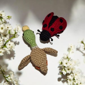 Peut inclure: Deux jouets crochetés : un canard et une coccinelle. Le canard a une tête verte et un corps marron. La coccinelle est rouge avec des points noirs. Des fleurs blanches sont disposées autour des jouets.