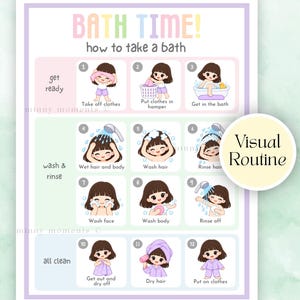 May include: A bath time visual routine chart featuring twelve numbered steps with cartoon illustrations of a child performing tasks like taking off clothes, washing hair, and drying off. The pastel-colored poster includes the text BATH TIME!