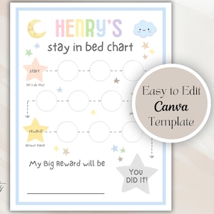 May include: A printable stay in bed chart featuring the text Henry's stay in bed chart, a crescent moon, a cloud, and stars. The chart includes circular spaces for tracking progress, a start point, a reward section, and a space for a big reward.
