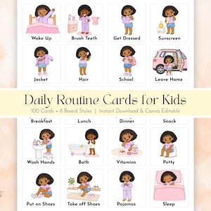 May include: A set of daily routine cards for kids featuring illustrations of a young child performing various tasks. Each square card includes a label such as Wake Up, Brush Teeth, Get Dressed, Sunscreen, Jacket, Hair, School, Leave Home, Breakfast, Lunch, Dinner, Snack, Wash Hands, Bath, Vitamins, Potty, Put on Shoes, Take off Shoes, Pajamas, and Sleep.