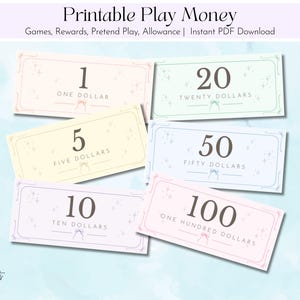 Peut inclure: Un ensemble de six billets de monnaie fictive imprimables de forme rectangulaire aux couleurs pastel, avec des valeurs de 1, 5, 10, 20, 50 et 100 dollars. Chaque billet affiche la valeur numérique, le montant écrit et des étoiles et nœuds.