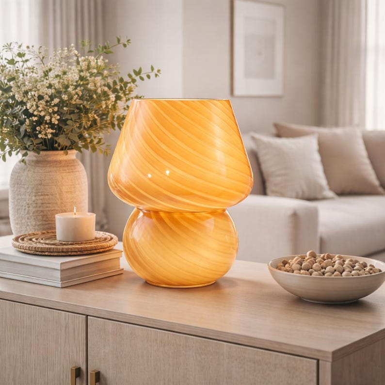 Mushroom Lamp Night Light: Ambient Lighting 3-Color, Cozy Room Decor, Retro Swirl Glass LED Orange