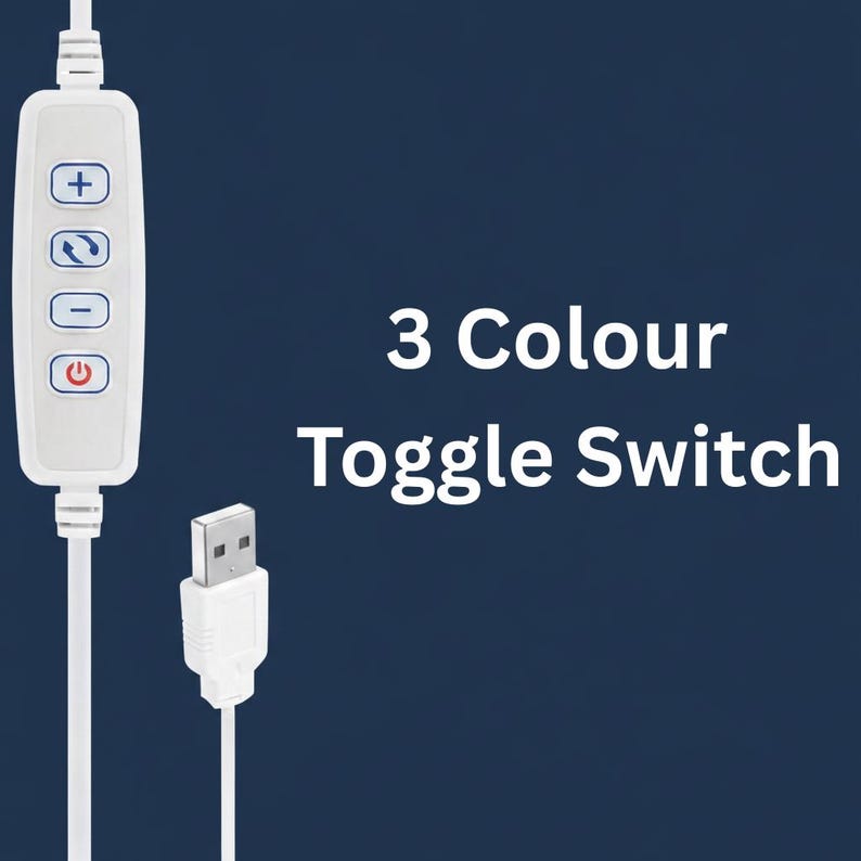 May include: A white 3-color toggle switch with a USB connector. The switch has buttons for power, color adjustment, and brightness control. The text "3 Colour Toggle Switch" is displayed in white.