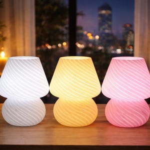 May include: Three mushroom-shaped table lamps in white, yellow, and pink, each with a swirled pattern. The lamps are on a wooden surface, with a cityscape visible through a window in the background.