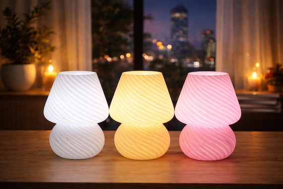 Mushroom Lamp Night Light: Ambient Lighting, Cozy Room Decor, Retro Swirl Glass LED