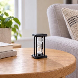 May include: A black hourglass with a square frame and clear glass bulbs containing white sand. The hourglass features four vertical pillars connecting the top and bottom square bases, with the sand currently flowing from the top to the bottom bulb.