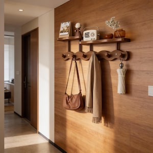 Könnte beinhalten: Ein hölzernes, an der Wand befestigtes Regal mit einer Garderobe. Das Regal hat zwei Regale mit dekorativen Gegenständen wie einem Kalender, einer Figur und einem Radio. Eine braune Handtasche, ein Schal und ein Regenschirm hängen an der Garderobe.