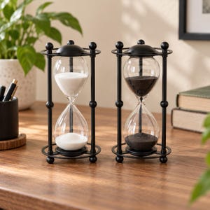 May include: Two hourglasses with black metal frames and circular bases. One hourglass contains white sand, while the other contains black sand. Both feature clear glass bulbs held by four vertical pillars with spherical accents at the top and bottom.