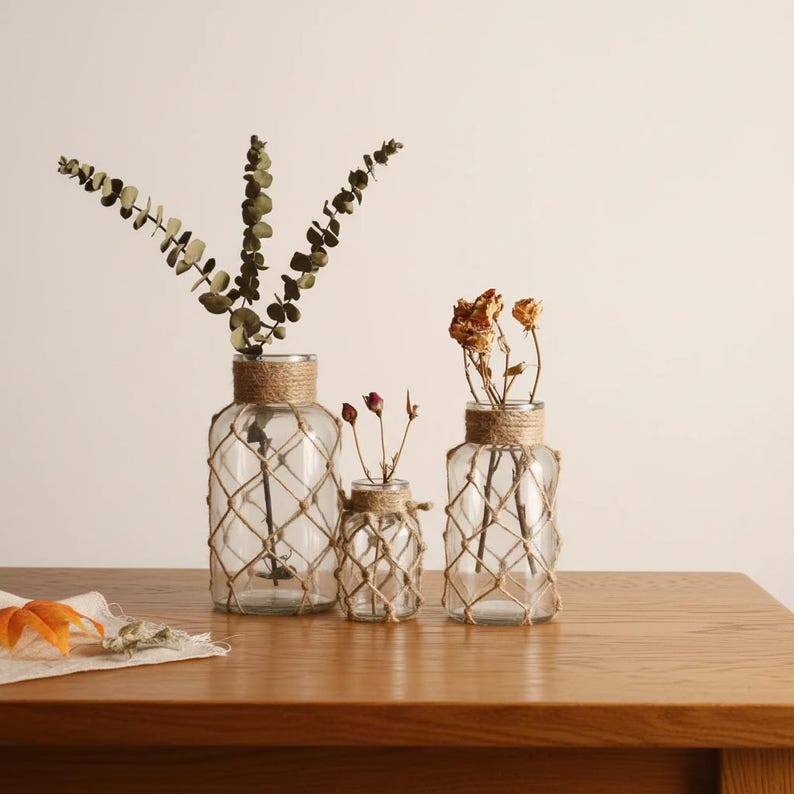 Vases With Ropes Hanging Glass Vase With Jute Rope – Rustic Boho Home Decor Accent - Etsy