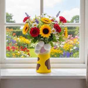 Könnte beinhalten: Ein farbenfrohes Blumenarrangement in einer Katzenpfoten-Vase. Der Strauß enthält Sonnenblumen, rote Rosen, Gänseblümchen und Lavendel. Die gelb-braune Vase steht auf einer Fensterbank, mit einem Garten durch das Fenster.