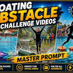 Könnte beinhalten: Eine Werbegrafik mit dem Titel FLOATING OBSTACLE CHALLENGE VIDEOS und MASTER PROMPT, die drei Felder mit Personen zeigt, die Wasserhindernisparcours mit schwimmenden Plattformen und einer grünen Tonne bewältigen, inklusive Text-Icons.