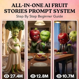 May include: Image promoting an AI fruit stories prompt system. The image features three panels with anthropomorphic fruit characters. The text reads "ALL-IN-ONE AI FRUIT STORIES PROMPT SYSTEM Step By Step Beginner Guide" with view counts of 27.4M, 12.8M, and 10.7M.