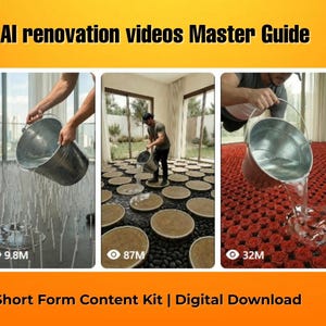Könnte beinhalten: Das Bild zeigt drei Tafeln, die eine Person zeigen, die Wasser aus einem Metalleimer auf verschiedene Oberflächen gießt. Der Text "AI renovation videos Master Guide" und "Short Form Content Kit | Digital Download" sind zu sehen. Jede Tafel hat eine Aufrufzahl.