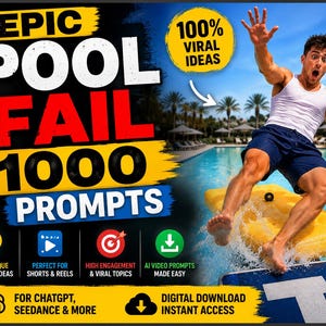 May include: A digital graphic featuring the text EPIC POOL FAIL 1000 PROMPTS with a yellow circle stating 100% VIRAL IDEAS. It includes icons for lightbulbs, play buttons, targets, and download arrows, plus a photo of a person falling into a pool.