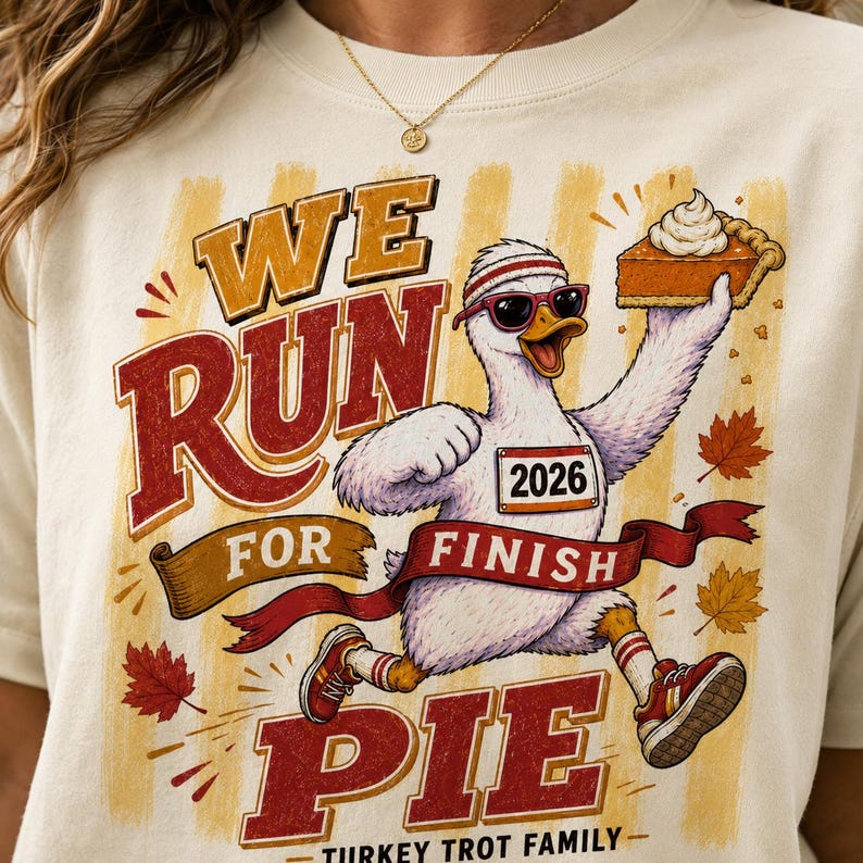 May include: A cream-colored t-shirt featuring a graphic of a running goose wearing sunglasses, a headband, and sneakers. The goose holds a slice of pumpkin pie. Text reads: WE RUN FOR FINISH PIE and 2026. Autumn leaves and stripes decorate the background.