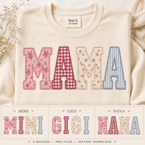 May include: A cream-colored crewneck sweatshirt featuring the word MAMA in large, varsity-style letters. Each letter has a unique pattern: pink floral, red and white gingham, cream floral, and blue and white stripes, all with stitched edges.