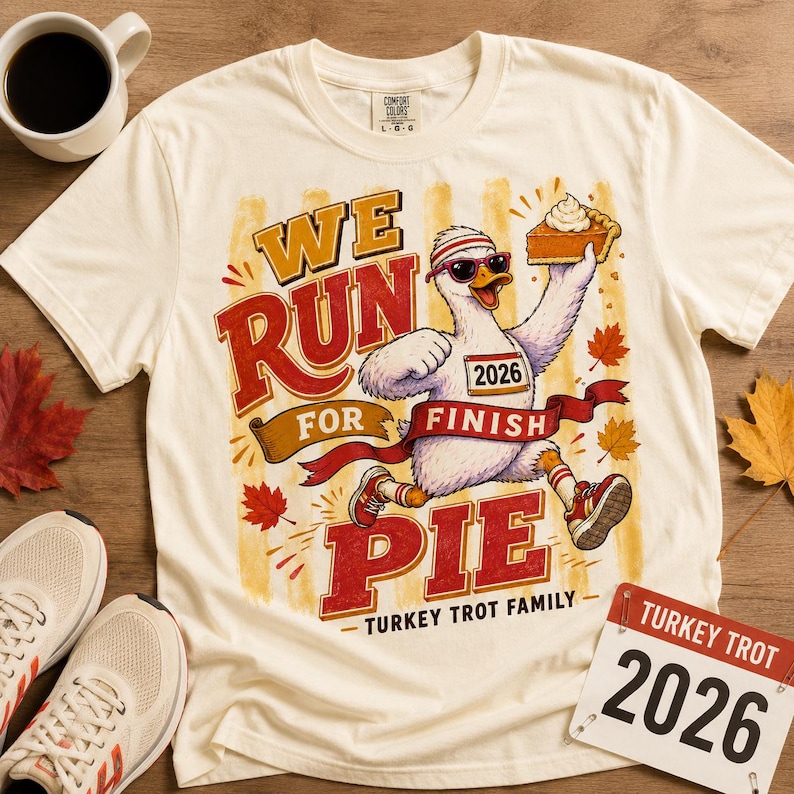 Turkey Trot Family 2026 PNG with funny running turkey holding pumpkin pie, retro red and orange lettering and fall accents, designed for matching family Thanksgiving 5K and Turkey Trot crew shirts.