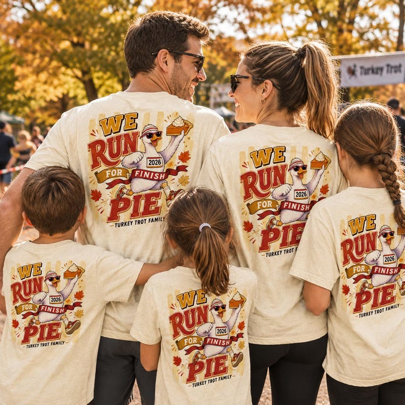 May include: A beige t-shirt featuring a graphic of a goose wearing sunglasses and a headband, holding a slice of pie. The text reads WE RUN FOR PIE and TURKEY TROT FAMILY, with the number 2026 on the goose's bib, surrounded by autumn leaves.