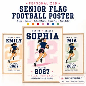 Puede incluir: Tres pósteres enmarcados titulados PERSONALIZED SENIOR FLAG FOOTBALL POSTER. Cada uno muestra el gráfico de una persona con camiseta azul oscuro y pantalones cortos negros corriendo con un balón. Incluye nombres y escuelas.