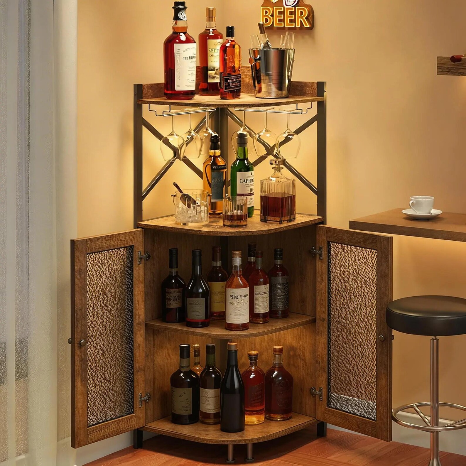 Corner Wine Bar Cabinet With LED Lights – Rustic Industrial Liquor ...