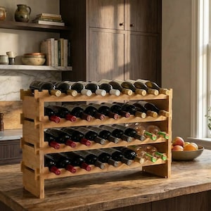 May include: A wooden wine rack filled with various wine bottles. The rack has three tiers and is made of light-colored wood. The bottles are a mix of red and white wines, with some visible labels.