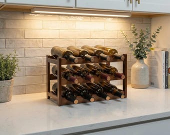12-Bottle Wooden Wine Rack, 3-Tier Countertop Freestanding Wine Bottle Holder, Rustic Brown