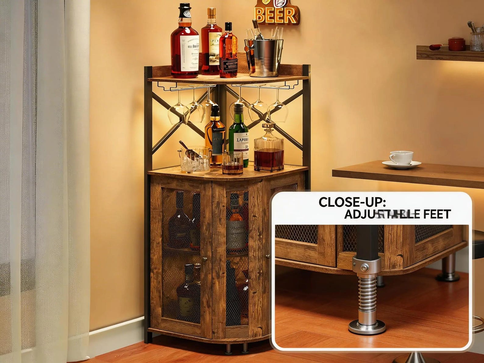 Corner Wine Bar Cabinet With LED Lights – Rustic Industrial Liquor ...