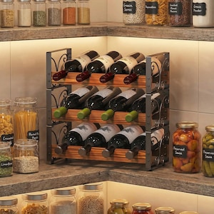May include: A wooden wine rack with a metal frame holds multiple bottles of wine. The rack is stacked with three levels, each holding several bottles. The bottles have various colored labels and corks, and are displayed in a kitchen setting.