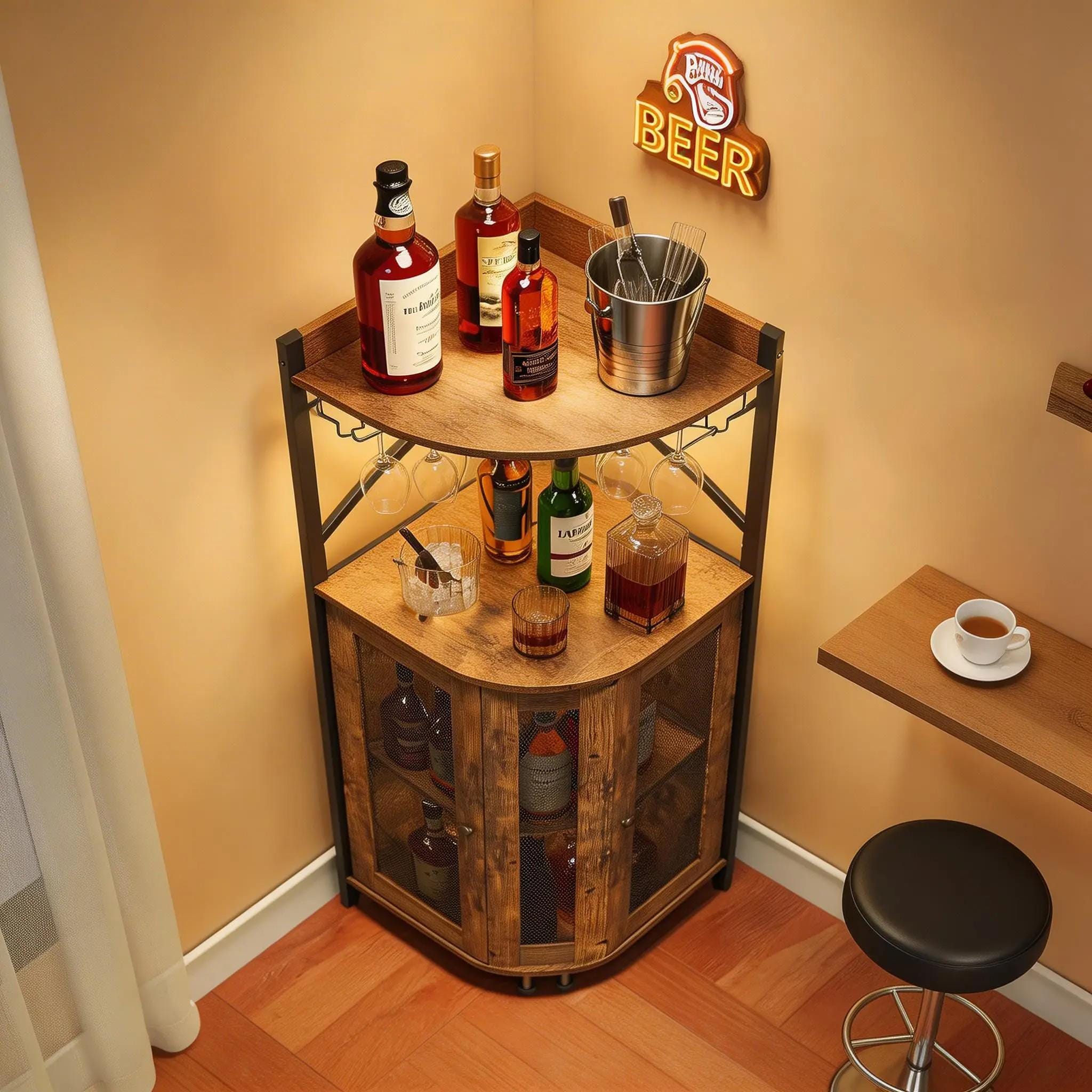 Corner Wine Bar Cabinet With LED Lights – Rustic Industrial Liquor ...